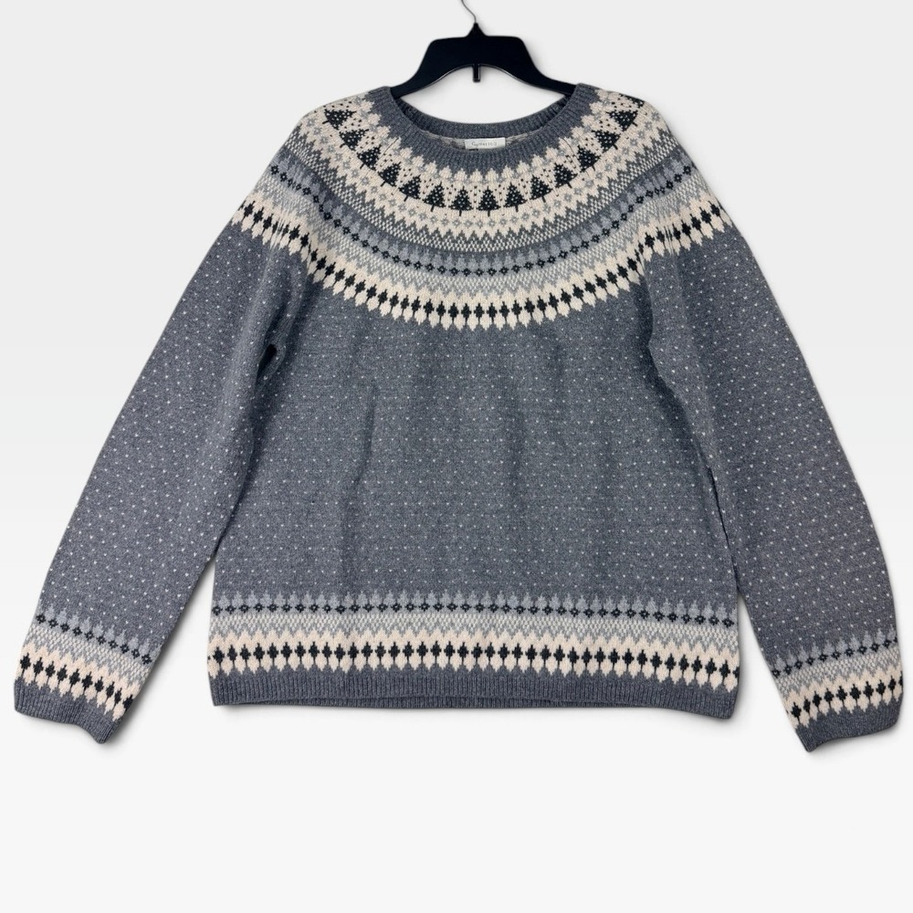 Garnet Hill Fair Isle Sweater Womens XL Blue 100% Merino Wool Nordic NWOT